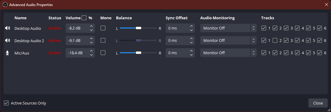 OBS Advanced Audio Dialog