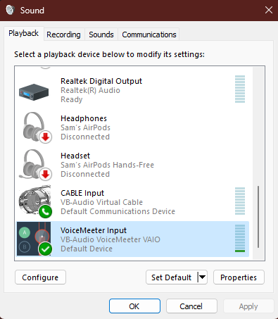 Windows Sound Settings, Playback Tab