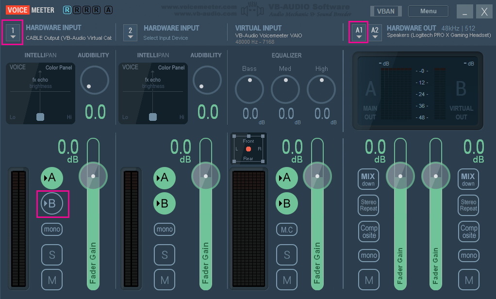 Voicemeeter window with settings that we changed highlighted.